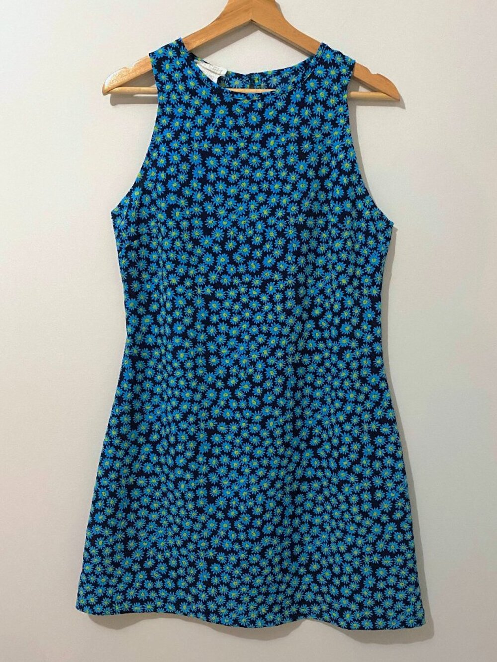 Vintage 90s Blue Floral Print Sleeveless Mini Dress Skater Grunge Mod Ditsy